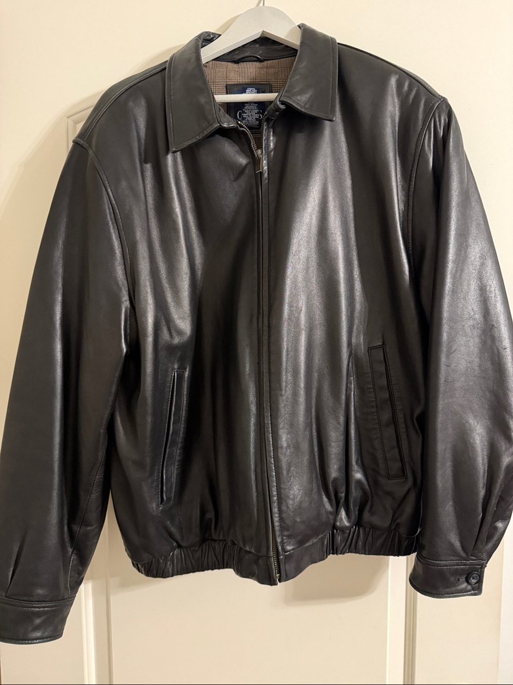 Chaps Black Leather Bomber Jacket with Brown Check Lining
